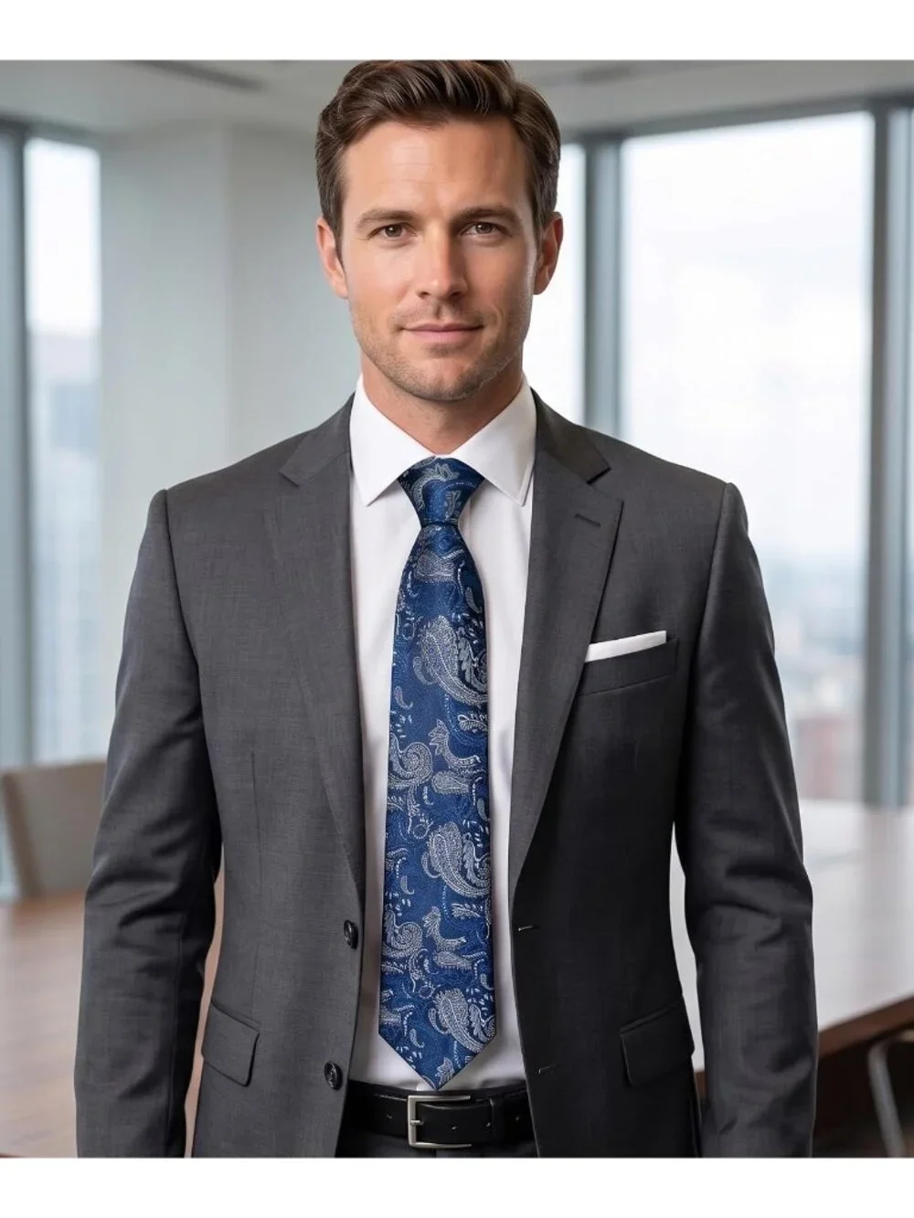 🆕Men Blue-Gray 100%Microfiber Paisley Jacquard Slim Formal Necktie For Wedding